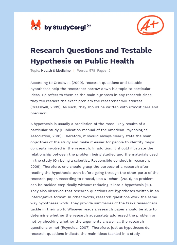 Research Questions and Testable Hypothesis on Public Health. Page 1