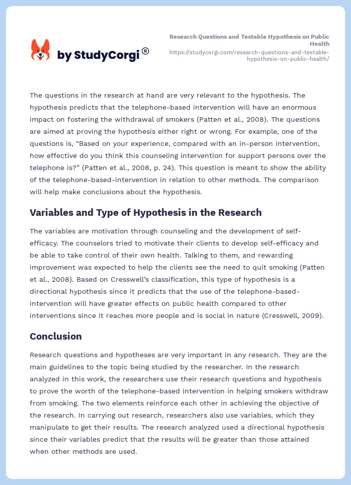 Research Questions and Testable Hypothesis on Public Health. Page 2