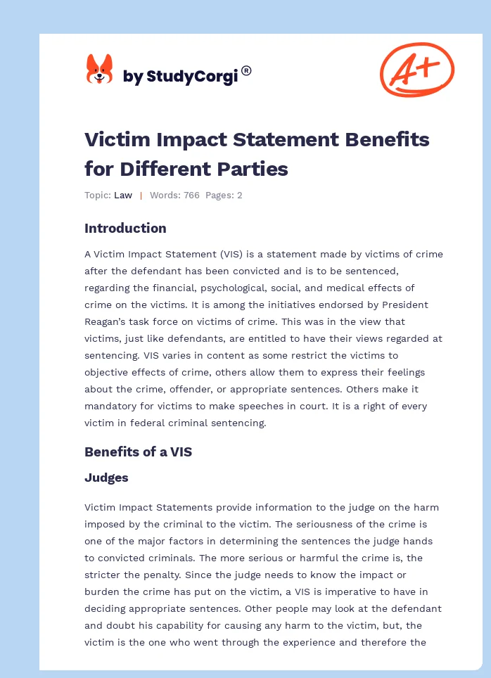 Victim Impact Statement Benefits for Different Parties. Page 1
