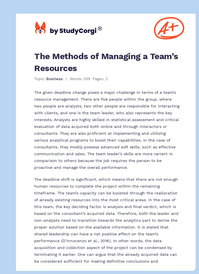 The Methods of Managing a Team’s Resources. Page 1