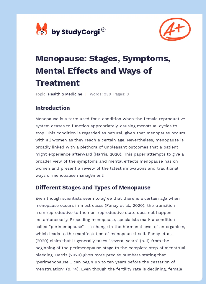 Menopause: Stages, Symptoms, Mental Effects and Ways of Treatment. Page 1