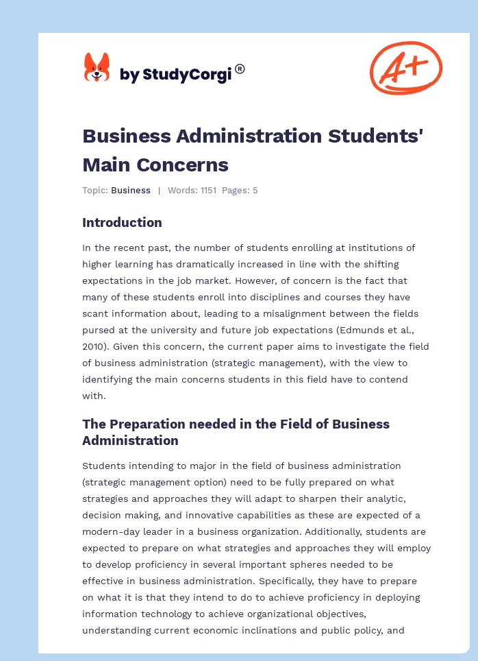 Business Administration Students' Main Concerns. Page 1