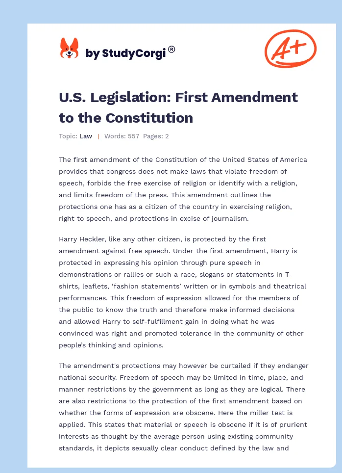 U.S. Legislation: First Amendment to the Constitution. Page 1