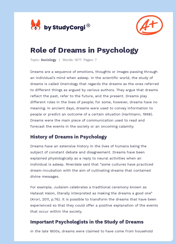 Role of Dreams in Psychology. Page 1