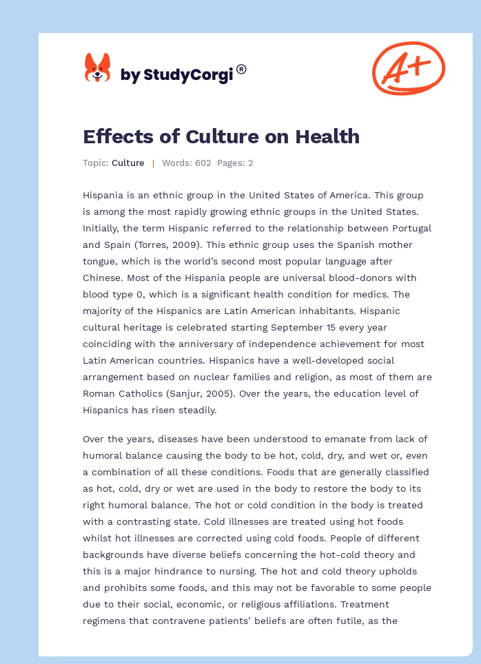 Effects of Culture on Health. Page 1