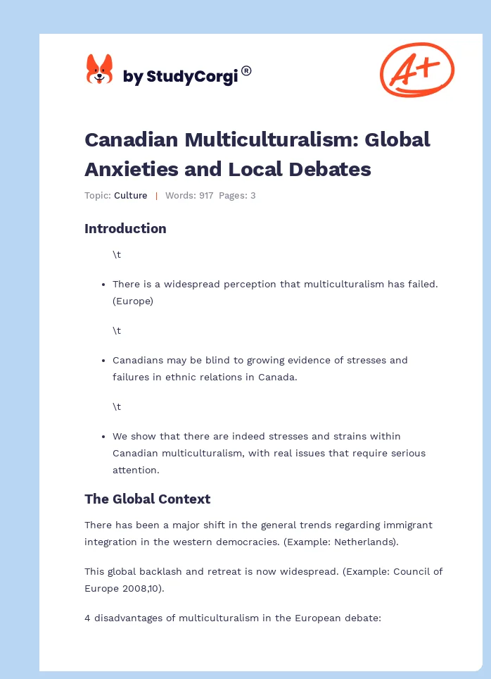 Canadian Multiculturalism: Global Anxieties and Local Debates. Page 1