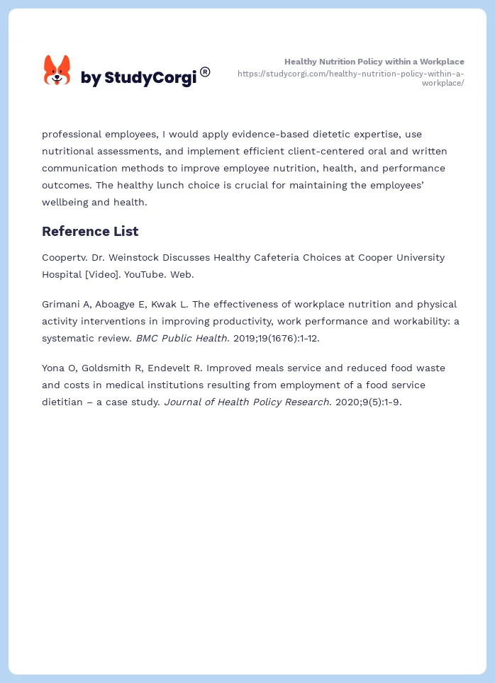 Healthy Nutrition Policy within a Workplace. Page 2