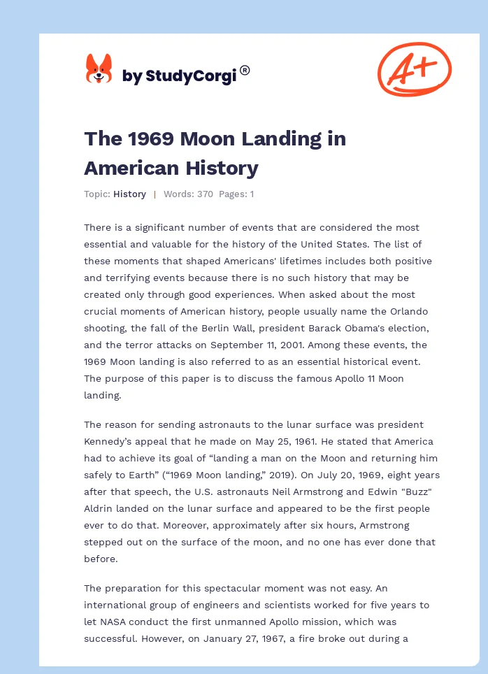 The 1969 Moon Landing in American History. Page 1