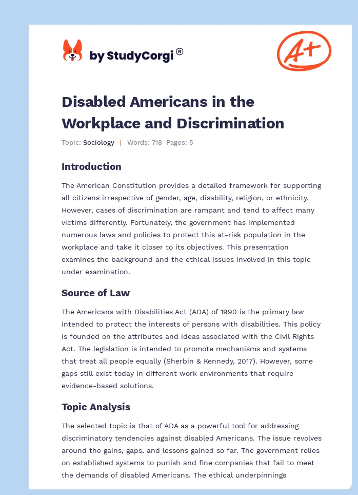 Disabled Americans in the Workplace and Discrimination. Page 1