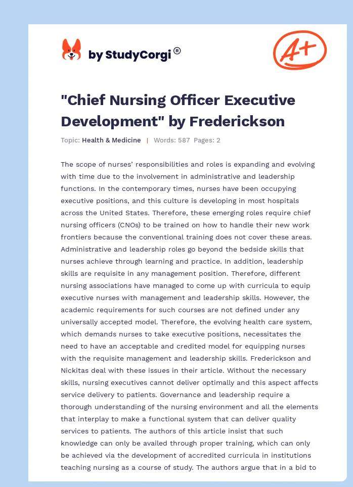 "Chief Nursing Officer Executive Development" by Frederickson. Page 1