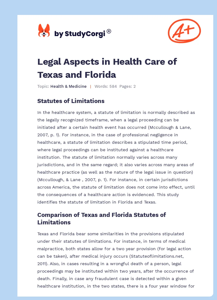 Legal Aspects in Health Care of Texas and Florida. Page 1