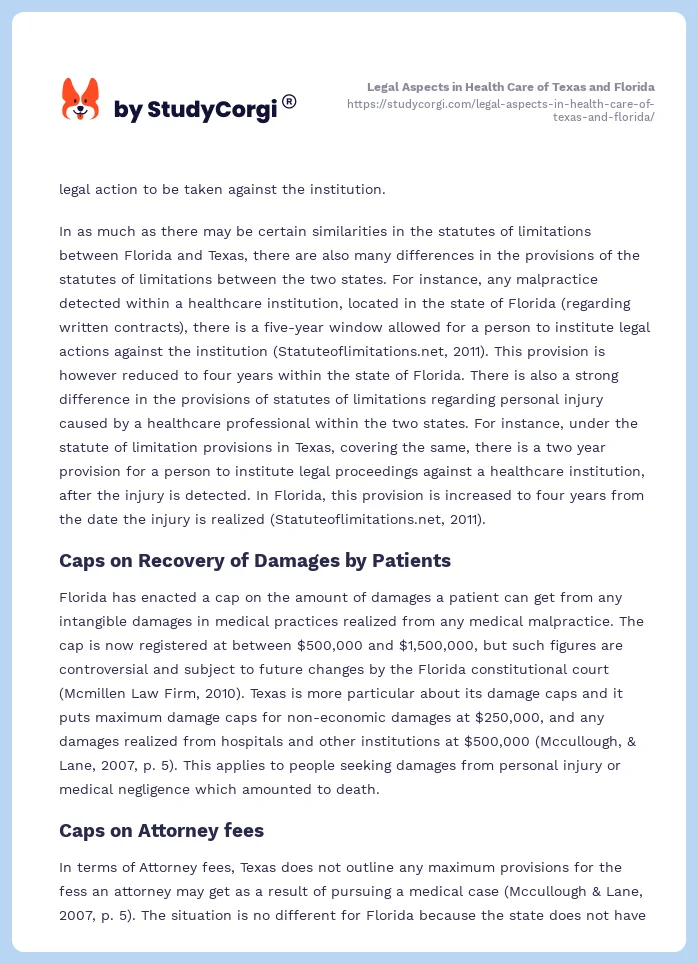 Legal Aspects in Health Care of Texas and Florida. Page 2