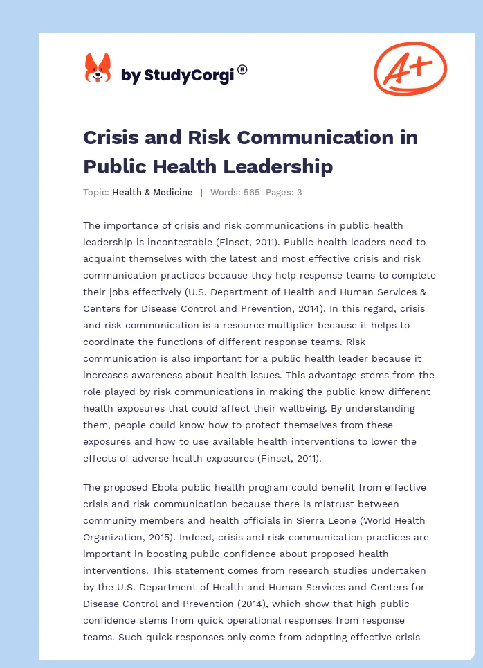 Crisis and Risk Communication in Public Health Leadership. Page 1