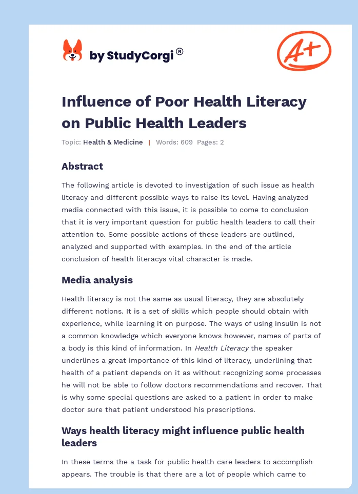 Influence of Poor Health Literacy on Public Health Leaders. Page 1