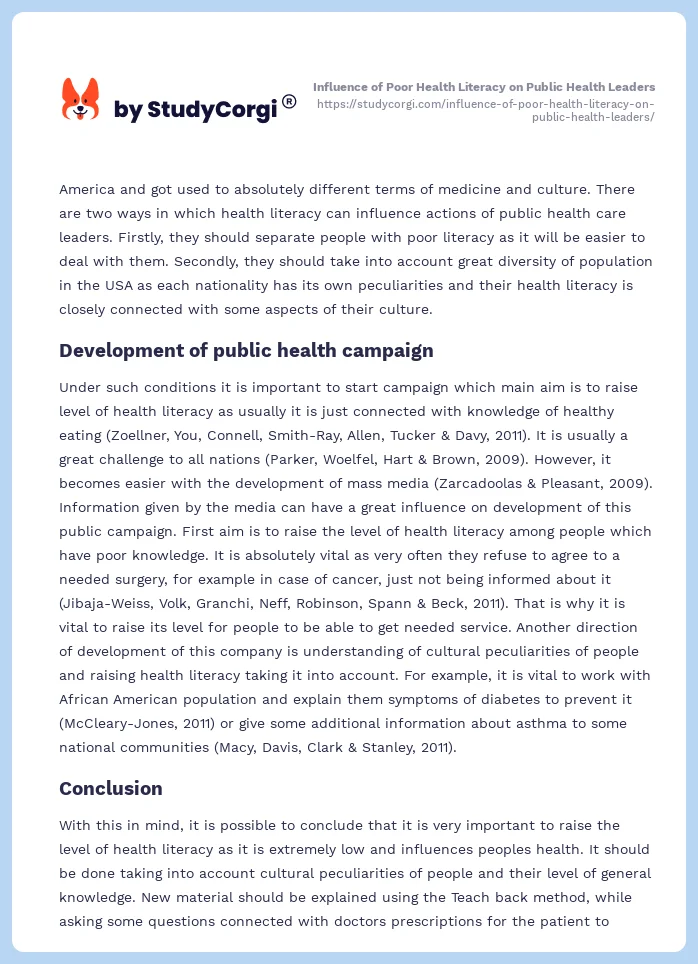 Influence of Poor Health Literacy on Public Health Leaders. Page 2
