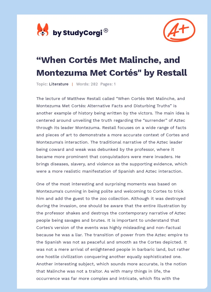 “When Cortés Met Malinche, and Montezuma Met Cortés" by Restall. Page 1