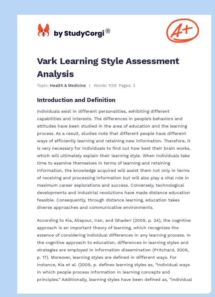 Vark Learning Style Assessment Analysis. Page 1