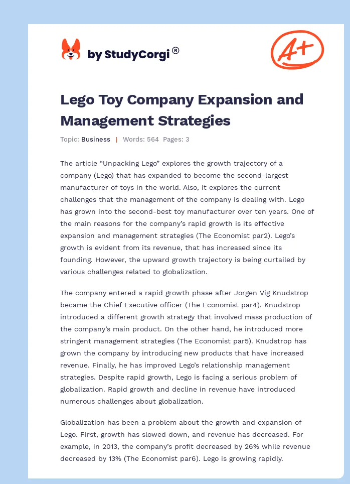 Lego Toy Company Expansion and Management Strategies. Page 1