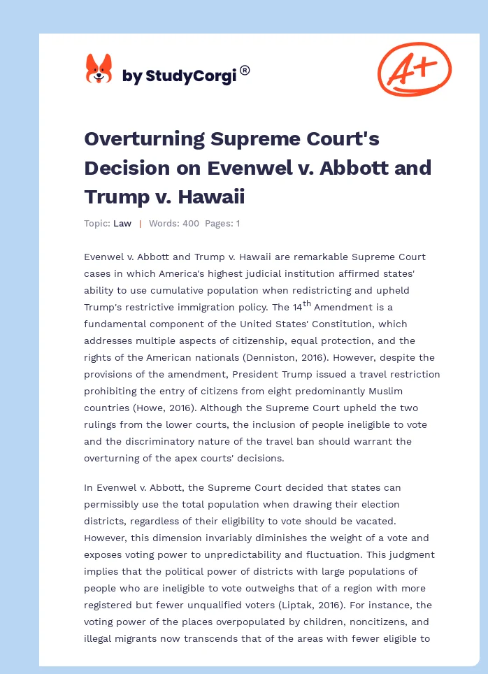 Overturning Supreme Court's Decision on Evenwel v. Abbott and Trump v. Hawaii. Page 1