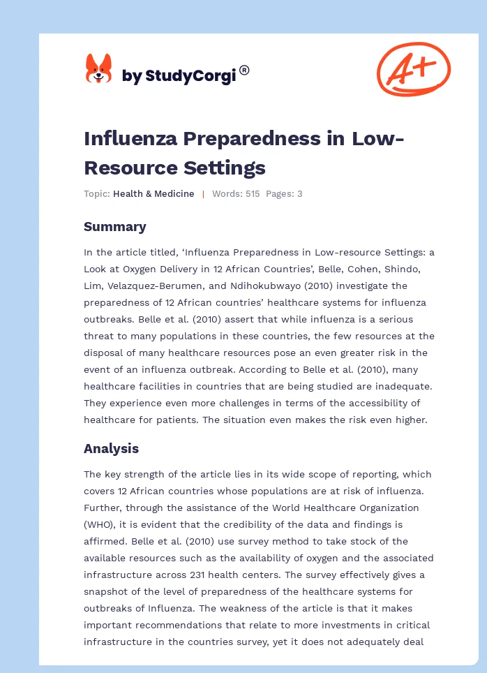 Influenza Preparedness in Low-Resource Settings. Page 1