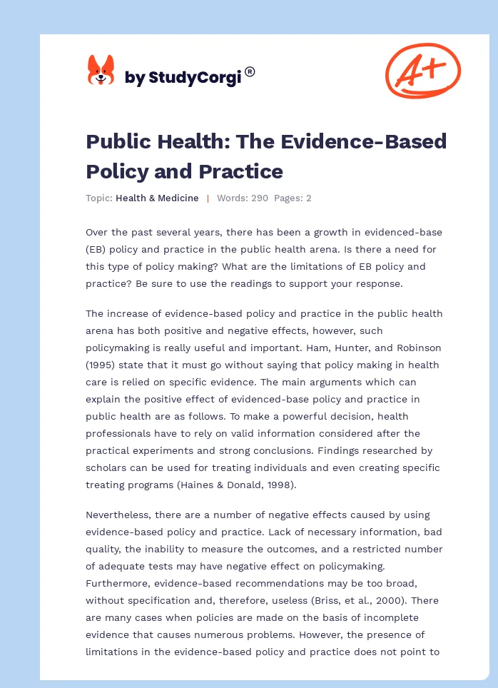 Public Health: The Evidence-Based Policy and Practice. Page 1