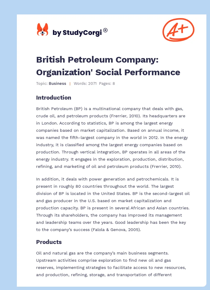 British Petroleum Company: Organization' Social Performance. Page 1
