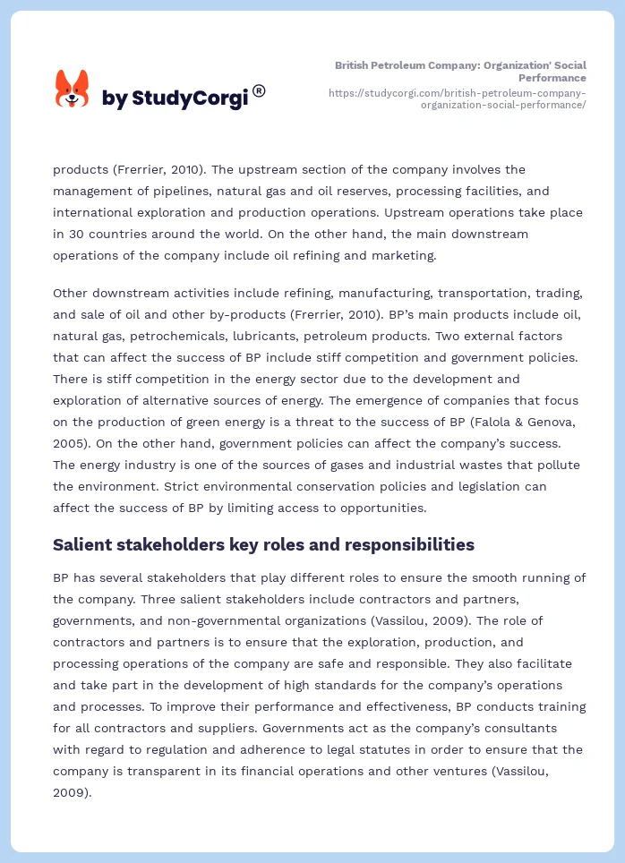 British Petroleum Company: Organization' Social Performance. Page 2