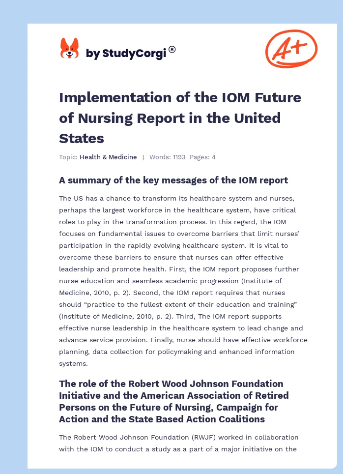 Implementation of the IOM Future of Nursing Report in the United States. Page 1