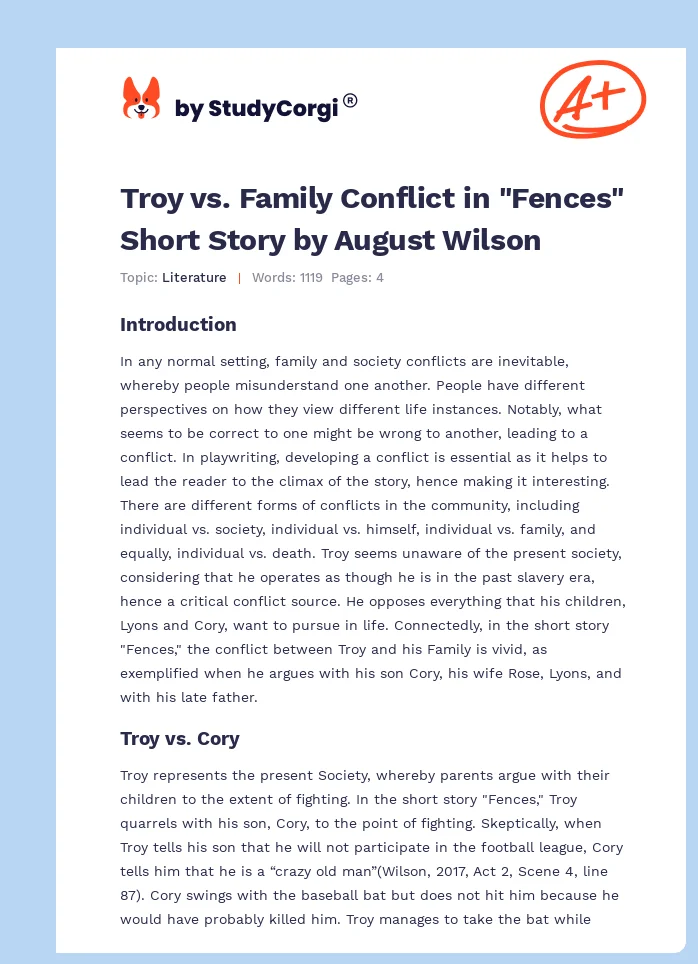 Troy vs. Family Conflict in "Fences" Short Story by August Wilson. Page 1