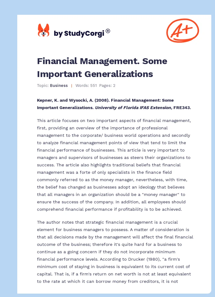 Financial Management. Some Important Generalizations. Page 1