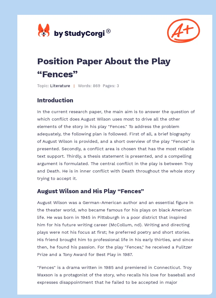 Position Paper About the Play “Fences”. Page 1