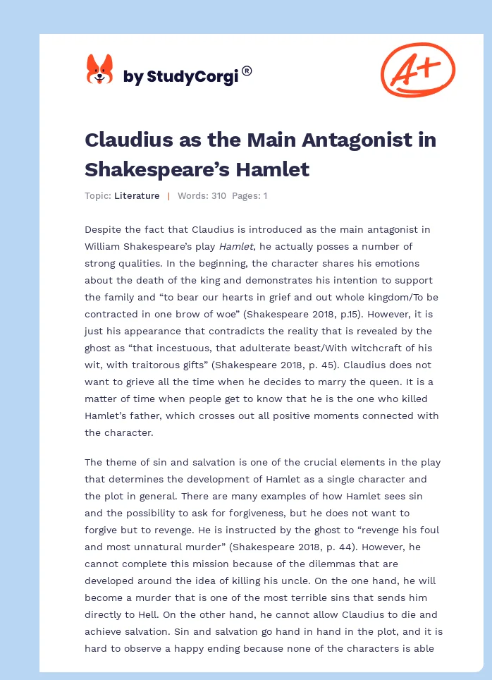 Claudius as the Main Antagonist in Shakespeare’s Hamlet. Page 1