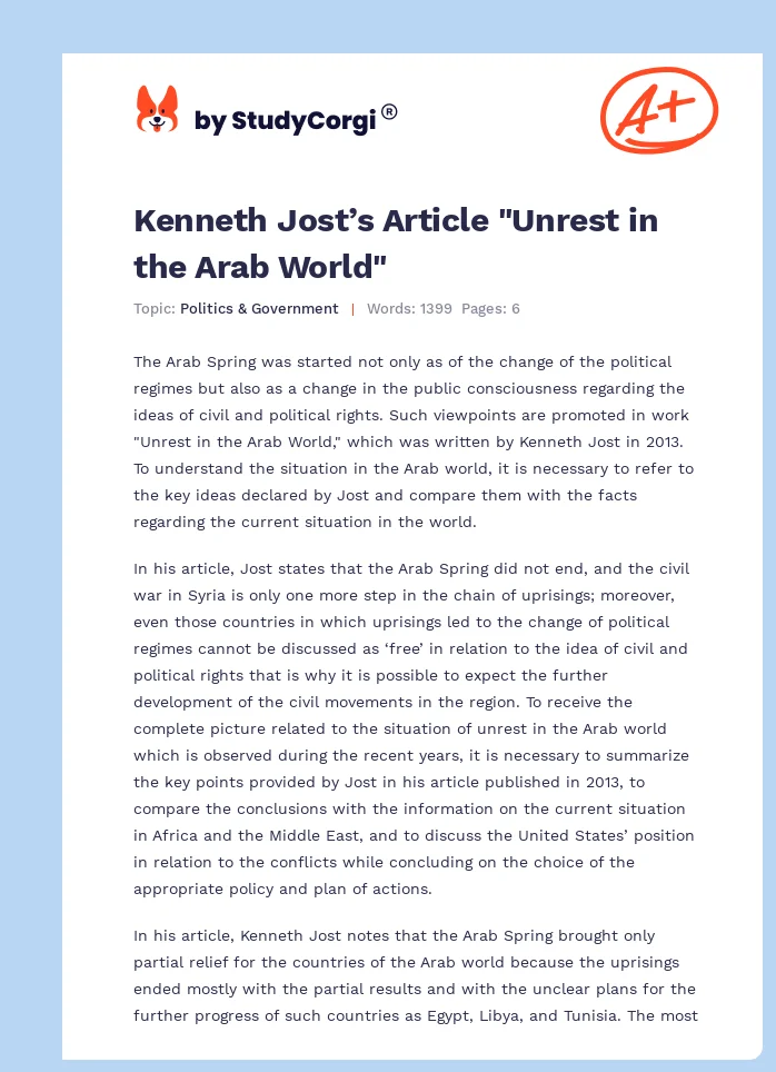 Kenneth Jost’s Article "Unrest in the Arab World". Page 1