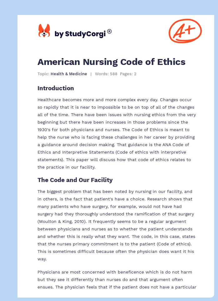 American Nursing Code of Ethics. Page 1