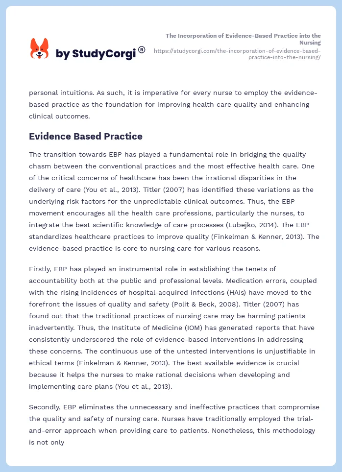 The Incorporation of Evidence-Based Practice into the Nursing. Page 2
