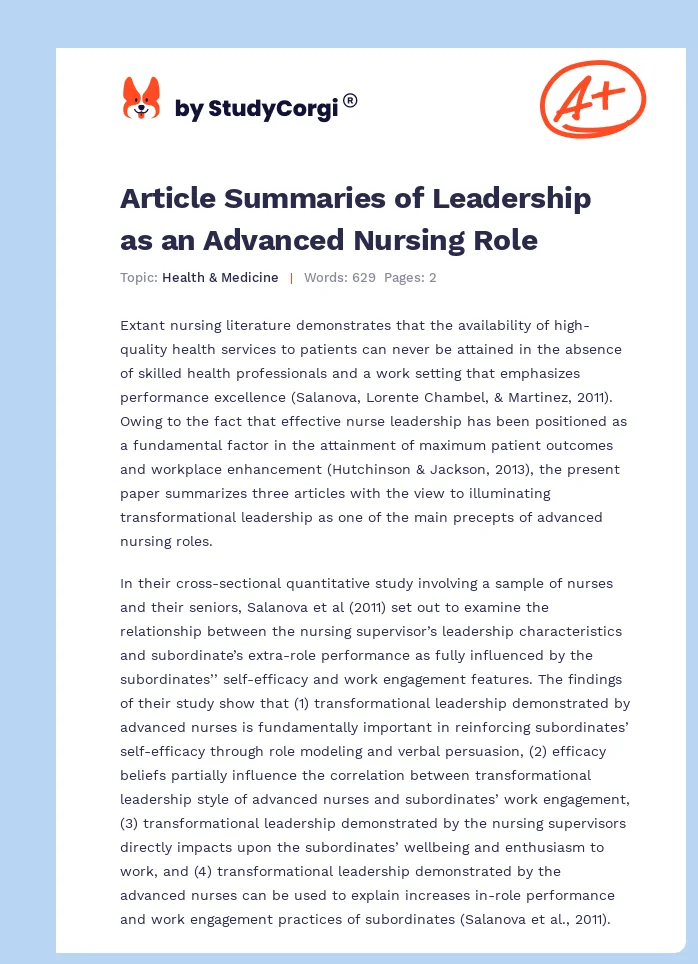 Article Summaries of Leadership as an Advanced Nursing Role. Page 1