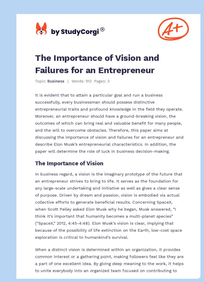 The Importance of Vision and Failures for an Entrepreneur. Page 1