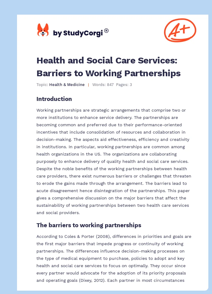 Health and Social Care Services: Barriers to Working Partnerships. Page 1