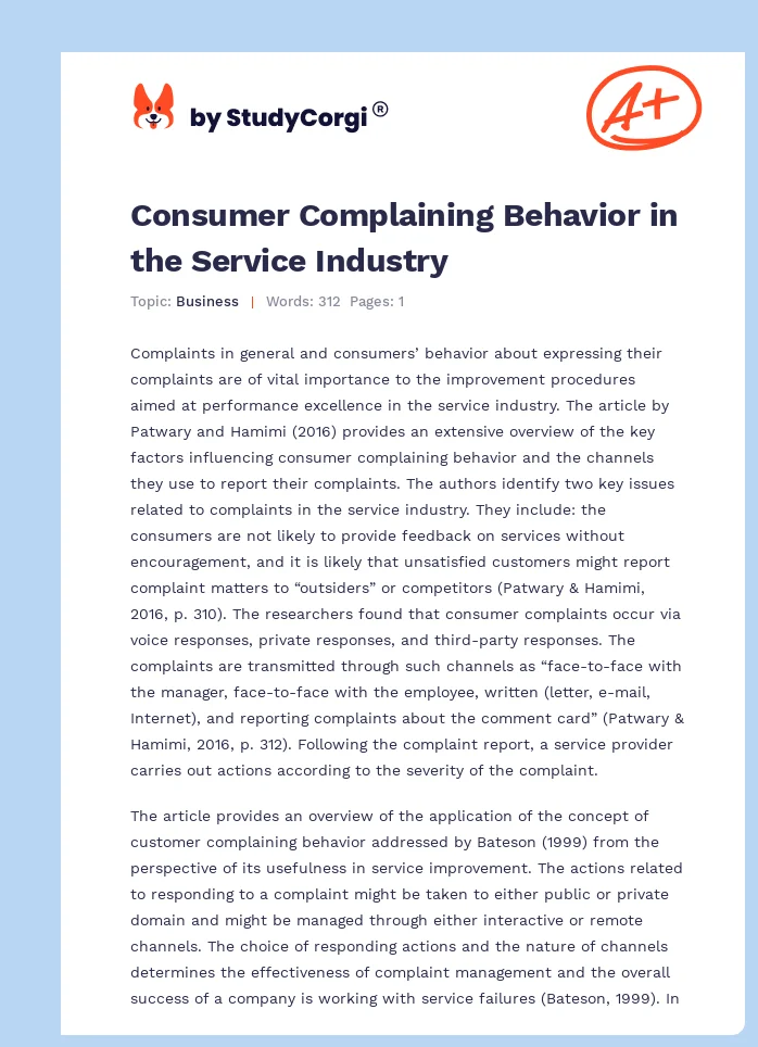 Consumer Complaining Behavior in the Service Industry. Page 1