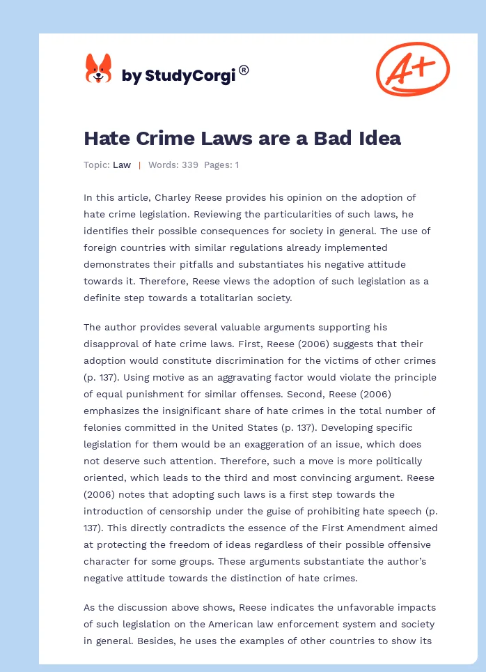 Hate Crime Laws are a Bad Idea. Page 1