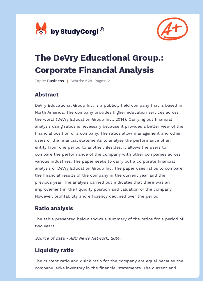 The DeVry Educational Group.: Corporate Financial Analysis. Page 1