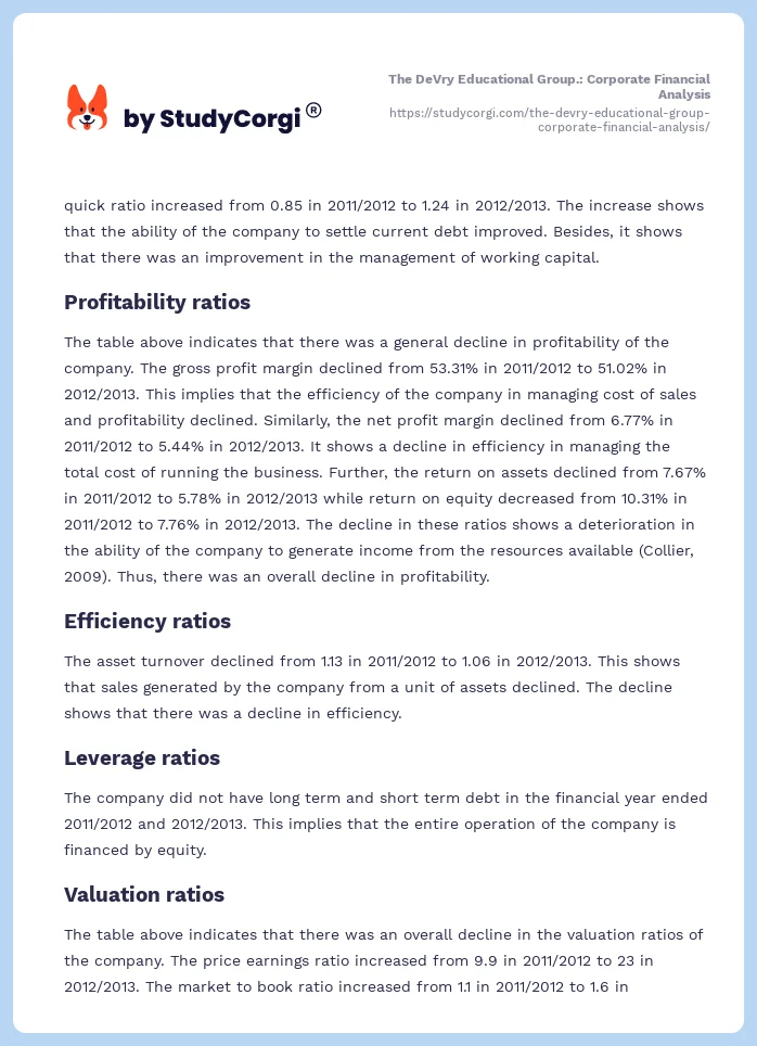 The DeVry Educational Group.: Corporate Financial Analysis. Page 2