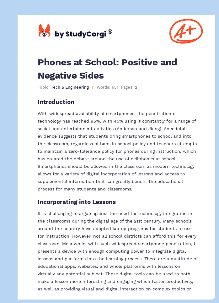 Phones at School: Positive and Negative Sides. Page 1