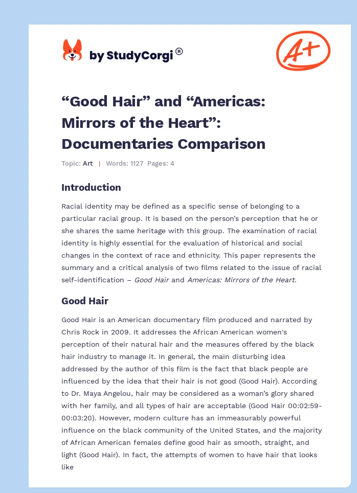 “Good Hair” and “Americas: Mirrors of the Heart”: Documentaries Comparison. Page 1