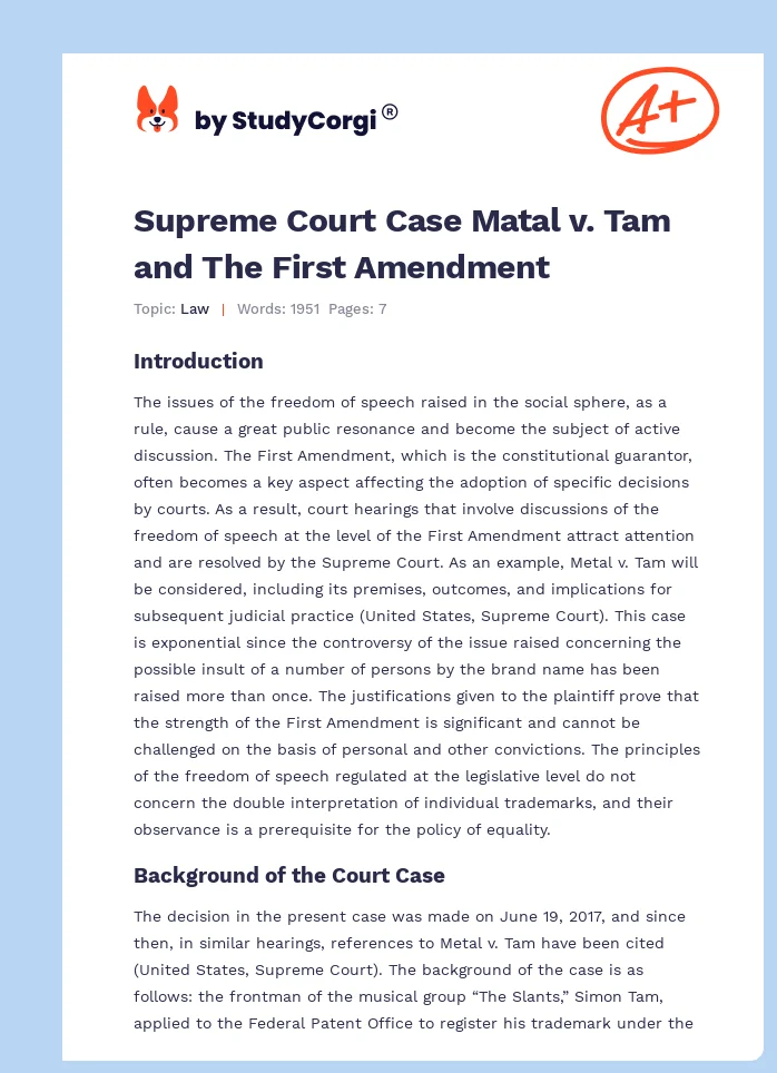 Supreme Court Case Matal v. Tam and The First Amendment. Page 1