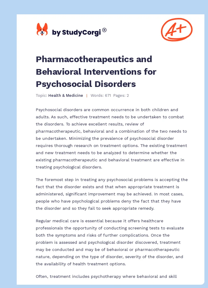 Pharmacotherapeutics and Behavioral Interventions for Psychosocial Disorders. Page 1