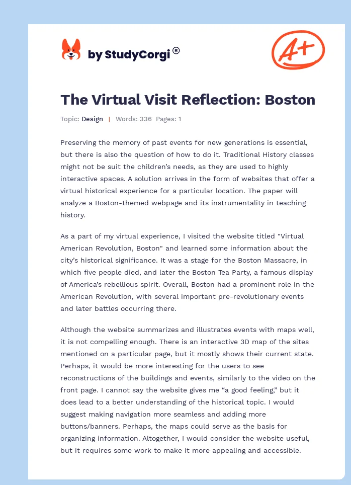 The Virtual Visit Reflection: Boston. Page 1