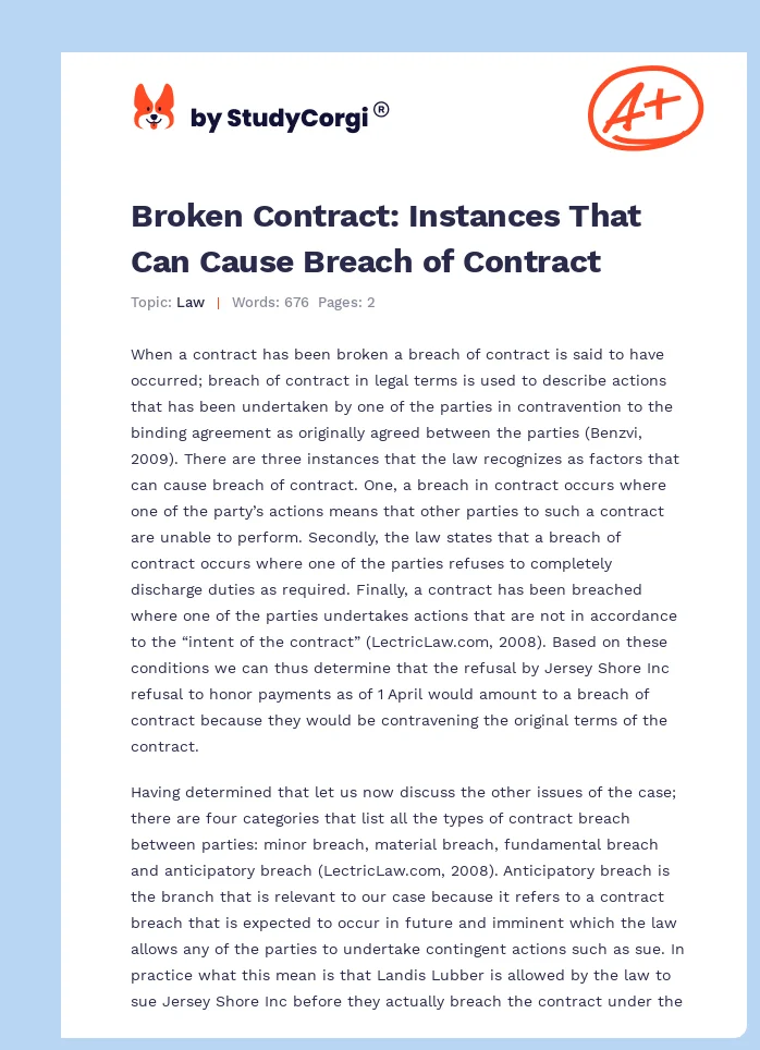 Broken Contract: Instances That Can Cause Breach of Contract. Page 1
