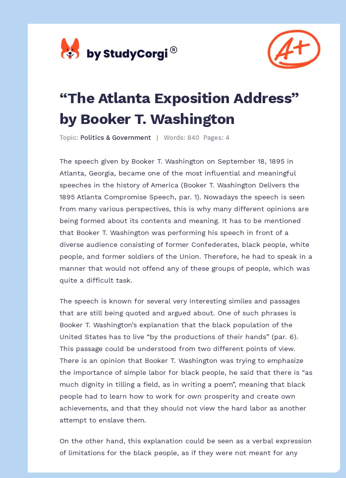 “The Atlanta Exposition Address” by Booker T. Washington. Page 1