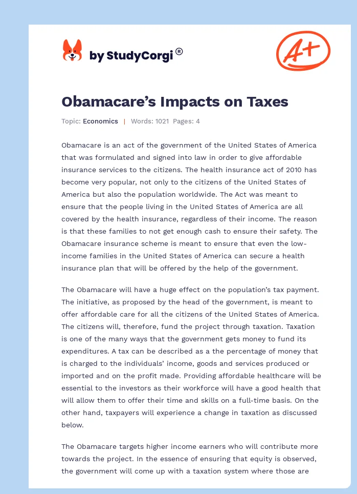 Obamacare’s Impacts on Taxes. Page 1